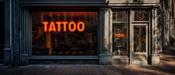 The vibrant tattoo studio showcasing a neon sign in a trendy urban setting.