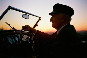 An elderly man donning a classic cap drives a vintage car as the sun sets casting enchanting colors across the horizon evoking nostalgia and adventure on a tranquil evening.
