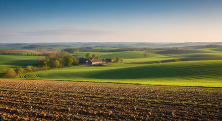 Scenic rural landscape with rolling green hills, plowed fields, and distant farm buildings. Springtime countryside view. Agricultural land and pastoral scenery for travel or nature concept