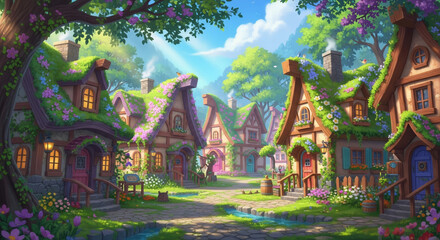 Enchanted fairy tale village with whimsical cottages and lush greenery. Fantasy woodland scene for children's book illustration, game design, or magical story concept