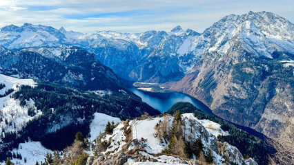 Enchanting view of Lake Koenigssee and the Alps from Mount Jenner. Bavarian Alps. Germany, Europe.