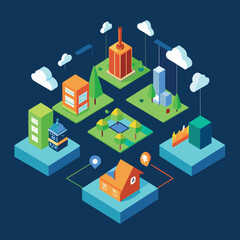 Isometric cityscape illustration featuring buildings parks and clouds representing urban planning or smart city concepts