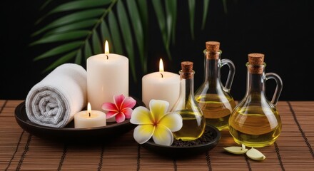 Serene Spa Setting with Candles, Oils, and Flowers
