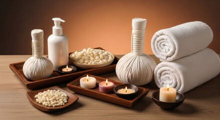 Serene Spa Setting: Aromatic Candles, Herbal Compresses, and Soft Towels