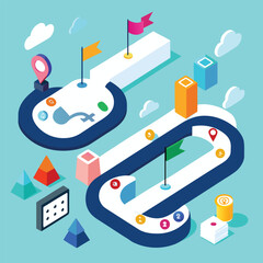 Isometric illustration of a winding path with flags markers and colorful geometric elements on a bright blue background.