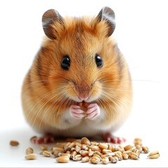 A cheerful cartoon hamster happily munches on a golden grain head surrounded by scattered grains on a clean white background creating a delightful and whimsical scene.