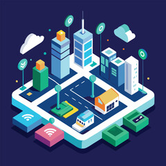 Obraz premium Isometric illustration of a smart city with buildings streets and wireless connectivity on a dark blue background.