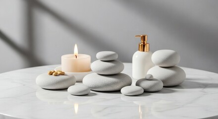 Serene Spa Setting with Stacked Stones, Candle, and Soap Dispenser