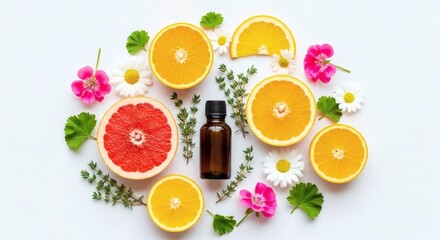 Citrus Essential Oil with Flowers and Fruit Slices