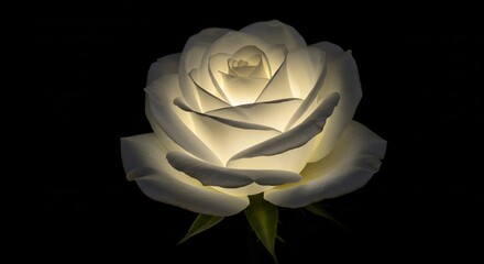 Glowing white rose illuminates dark background softly. AI Generated