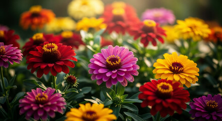 Colorful zinnia flowers blooming in garden. Vibrant floral background with pink, yellow, orange, and red blossoms. Summer nature scene for greeting card or wallpaper design