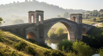 Ancient Stone Bridge Spanning Serene River Valley at Dawn