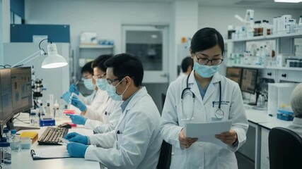Medical team in laboratory conducting research. Scientists and doctors working on virus testing, vaccine development, and analyzing samples for infectious disease study - Powered by Adobe