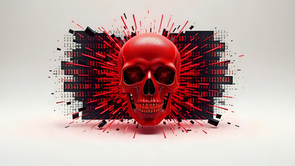 Cyber Attack in Progress,3D scene of a red digital skull shattering a firewall wall.