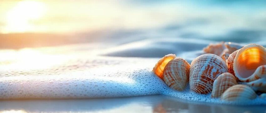 In summer, the sandy beach with scattered shell fragments forms a picturesque coastal scene, offering wide copy space for designs, advertisements, or seasonal creative visuals