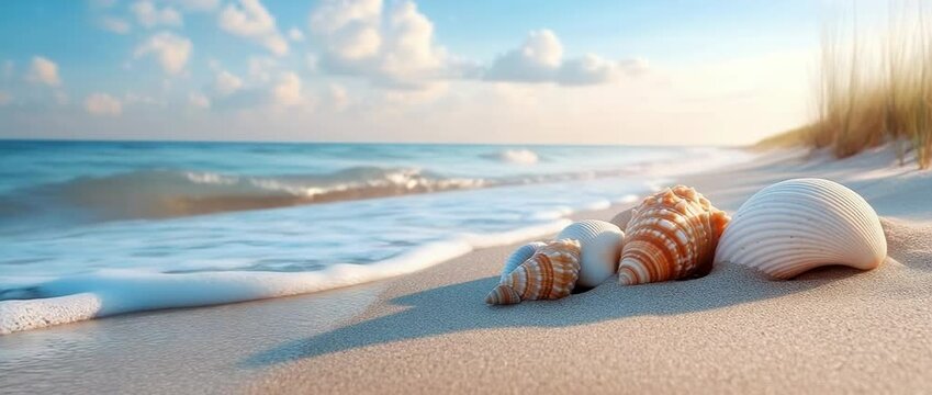 In summer, the sandy beach with scattered shell fragments forms a picturesque coastal scene, offering wide copy space for designs, advertisements, or seasonal creative visuals
