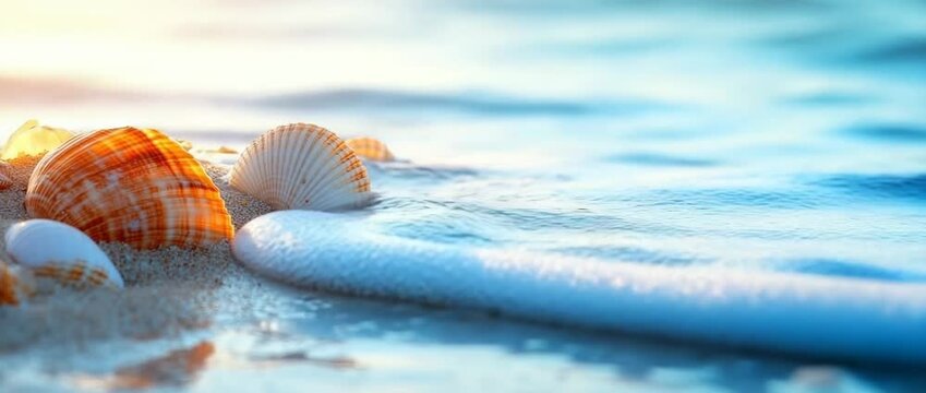 In summer, the sandy beach with scattered shell fragments forms a picturesque coastal scene, offering wide copy space for designs, advertisements, or seasonal creative visuals
