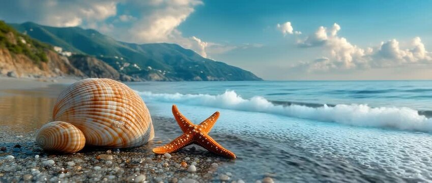 In summer, the sandy beach with scattered shell fragments forms a picturesque coastal scene, offering wide copy space for designs, advertisements, or seasonal creative visuals