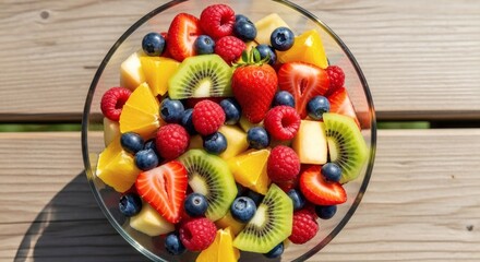 Vibrant Mixed Fruit Salad in Glass Bowl on Wooden Table