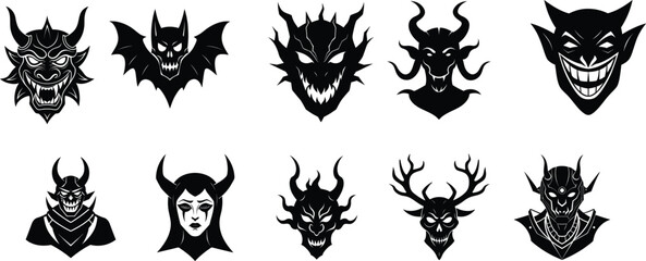 Demon Mask, Japanese Traditional devil mask isolated. Silhouette Vector Illustration with horns and detailed ornamental tattoo artistry on a white background. Halloween