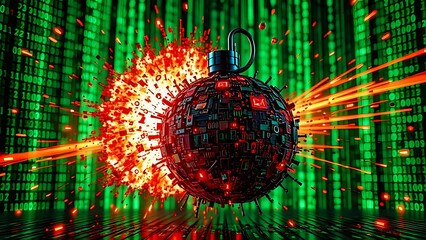Exploding digital bomb made of virus code and circuit chips, fiery binary fragments