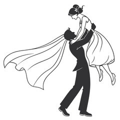 Silhouette of groom lifting bride in celebration with flowing veil vector