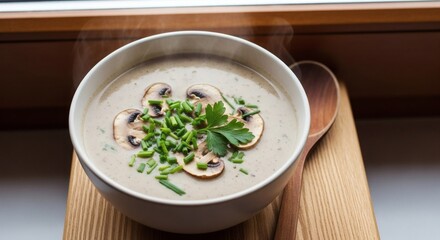 Creamy Mushroom Soup in Bowl with Fresh Herbs, Steaming