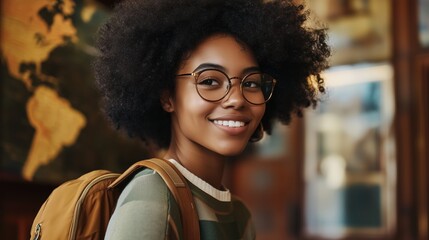 Young woman with curly hair and glasses smiles while wearing a backpack in a warmly lit room with a world map