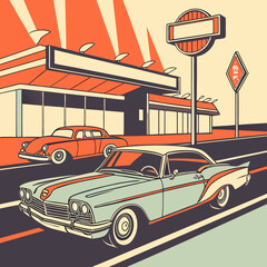 Retro diner scene with vintage cars and classic architecture in a stylized design style
