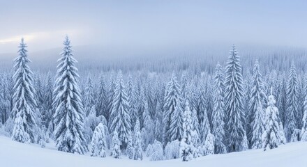 Panoramic Winter Wonderland: Snow-Covered Fir Trees in Misty Forest