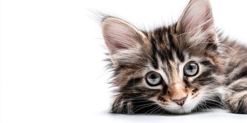 Obraz premium The adorable Maine Coon kitten resting on a white surface.