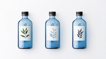 Obraz premium Three blue glass bottles with minimalist labels featuring botanical illustrations of leaves, arranged on a clean white background, showcasing modern design and eco-friendly packaging concepts