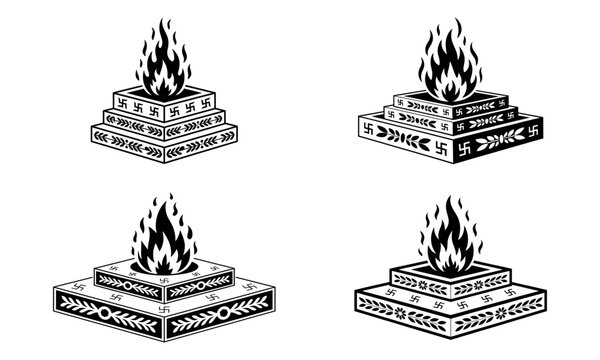 Set of traditional hindu havan kund with fire used in religious rituals and ceremonies
