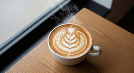 Steaming Latte Art in White Mug on Wooden Table