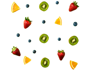 Colorful photorealistic seamless fruit pattern with strawberries, kiwis, blueberries, and orange slices, perfect for summer design, PNG file isolated on transparent background