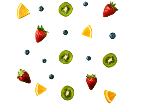 Colorful photorealistic seamless fruit pattern with strawberries, kiwis, blueberries, and orange slices, perfect for summer design, PNG file isolated on transparent background - Powered by Adobe