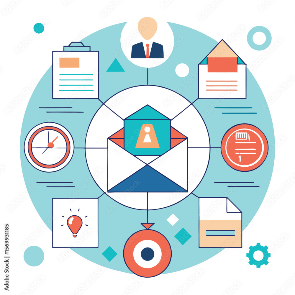 Poster vector illustration symbolizing business communication and workflow depicting various elements like 