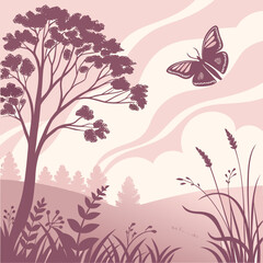 A whimsical landscape scene featuring a butterfly tree and stylized clouds in a soft color palette