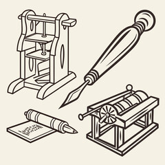 Obraz premium Illustration of printing press, stylus, and rolling press, tools for writing and printing history