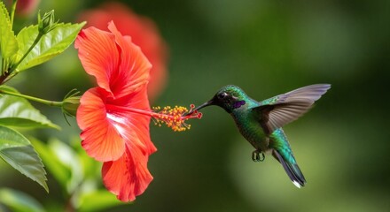 Vibrant Hummingbird Feeding on Hibiscus Flower