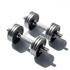 Fototapeta premium A pair of adjustable dumbbells resting on a white surface with visible shadows in a studio setting