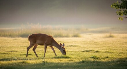 Serene Deer Grazing in Golden Hour Meadow