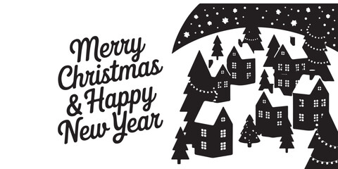 Fototapeta premium Merry christmas and happy new year with winter village silhouette and falling snow in black and white