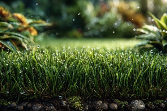 Close up of grass with water droplets in a blurred garden - Powered by Adobe