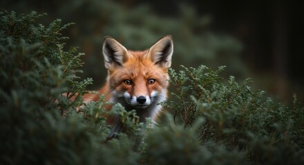 Red Fox Emerging from Green Bush in Forest