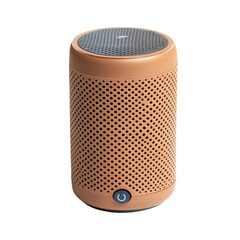 Stylish portable cylindrical speaker with perforated casing and power button isolated on transparent background