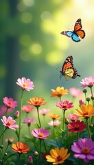 Obraz premium Vibrant butterflies dance above a carpet of spring wildflowers , wallpaper, flower