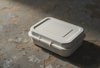 Blank plastic lunchbox on a textured table surface, ideal for food storage