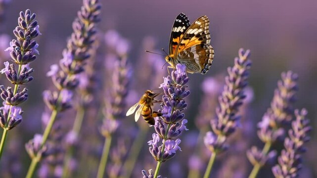 Butterfly and bee on lavender flowers