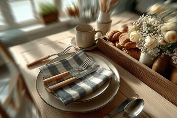 Breakfast table setting with croissants and floral decor